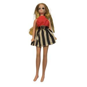 Vintage 70s Topper Dawn Doll w/Red and Black White Dress